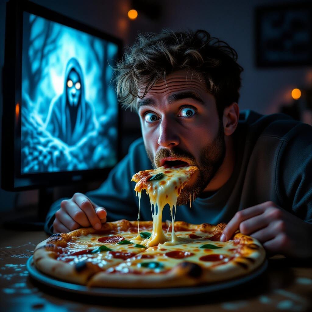 Man Eating Pizza Watching Horror Movie, Cheese Drips