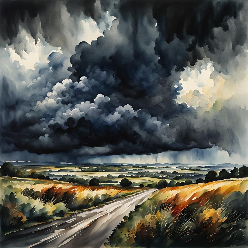Dark and Moody Watercolor Painting of Stormy Landscape with ...