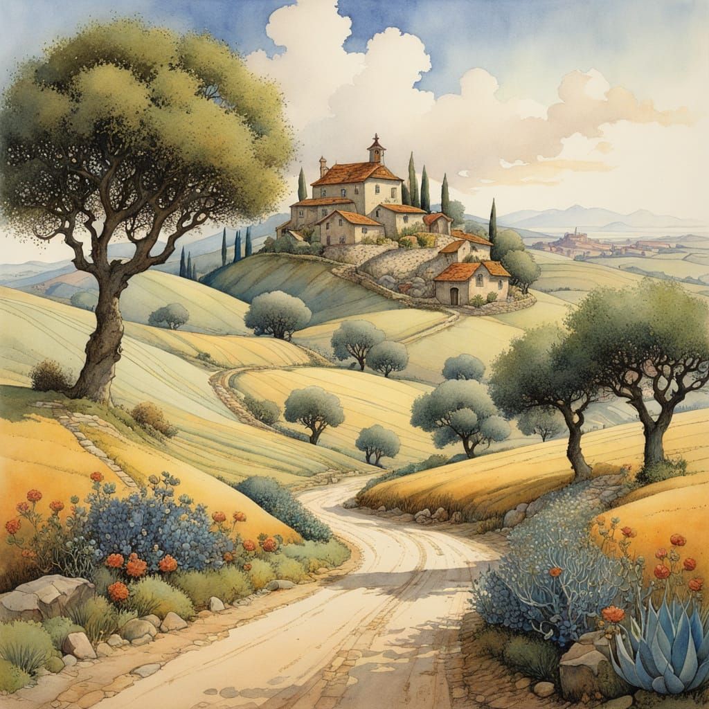 Mediterranean Hillside Illustration in Storybook Style
