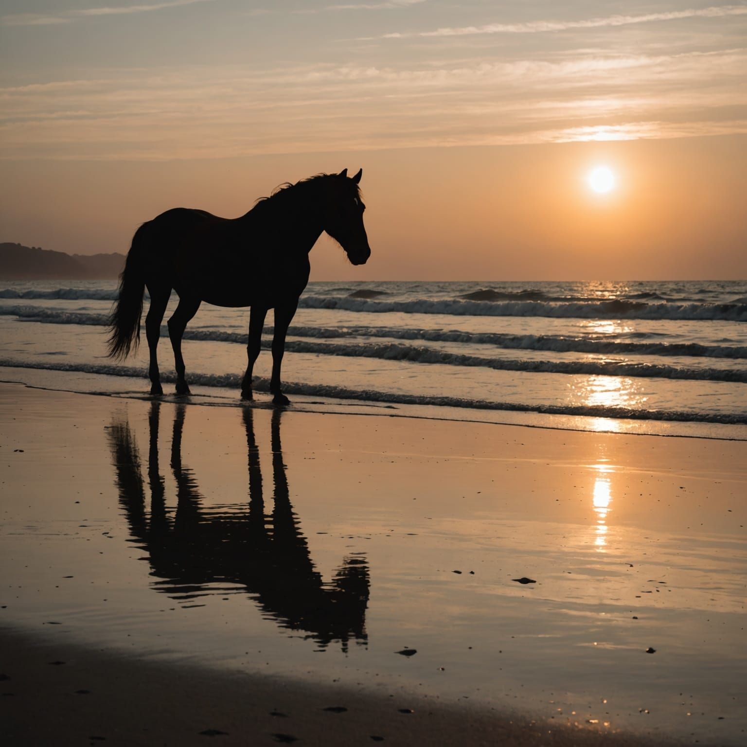 Silhouette of a horse walking along the beach at sunset - AI Generated ...