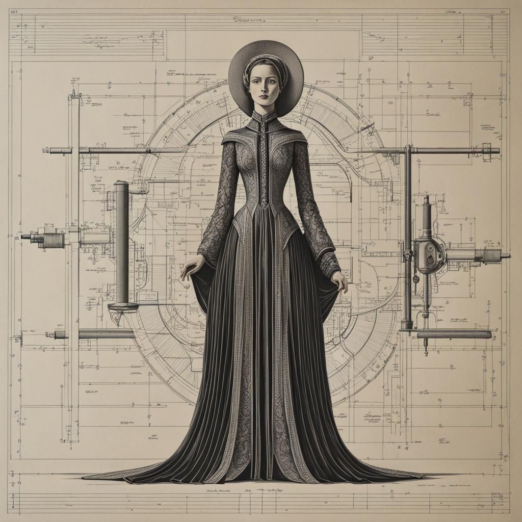 "Technical drawing with woman figure dimensions, hyperdetailed ink black sharp edges and high color contrast, ...  by @Salvolive