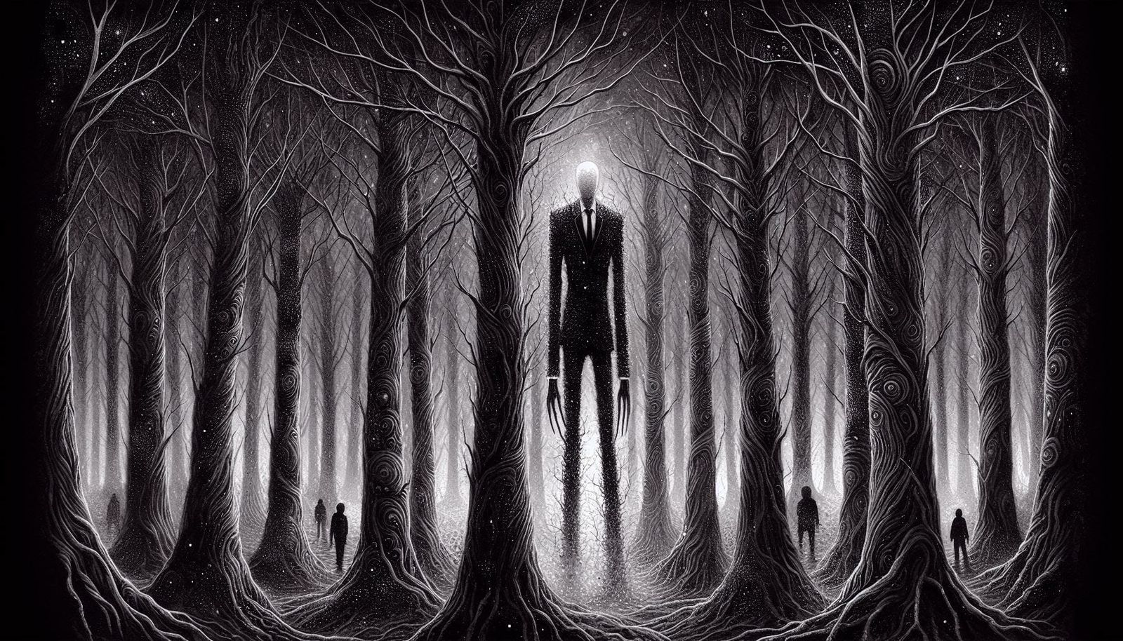 Slenderman Leading His Followers Into the Forest