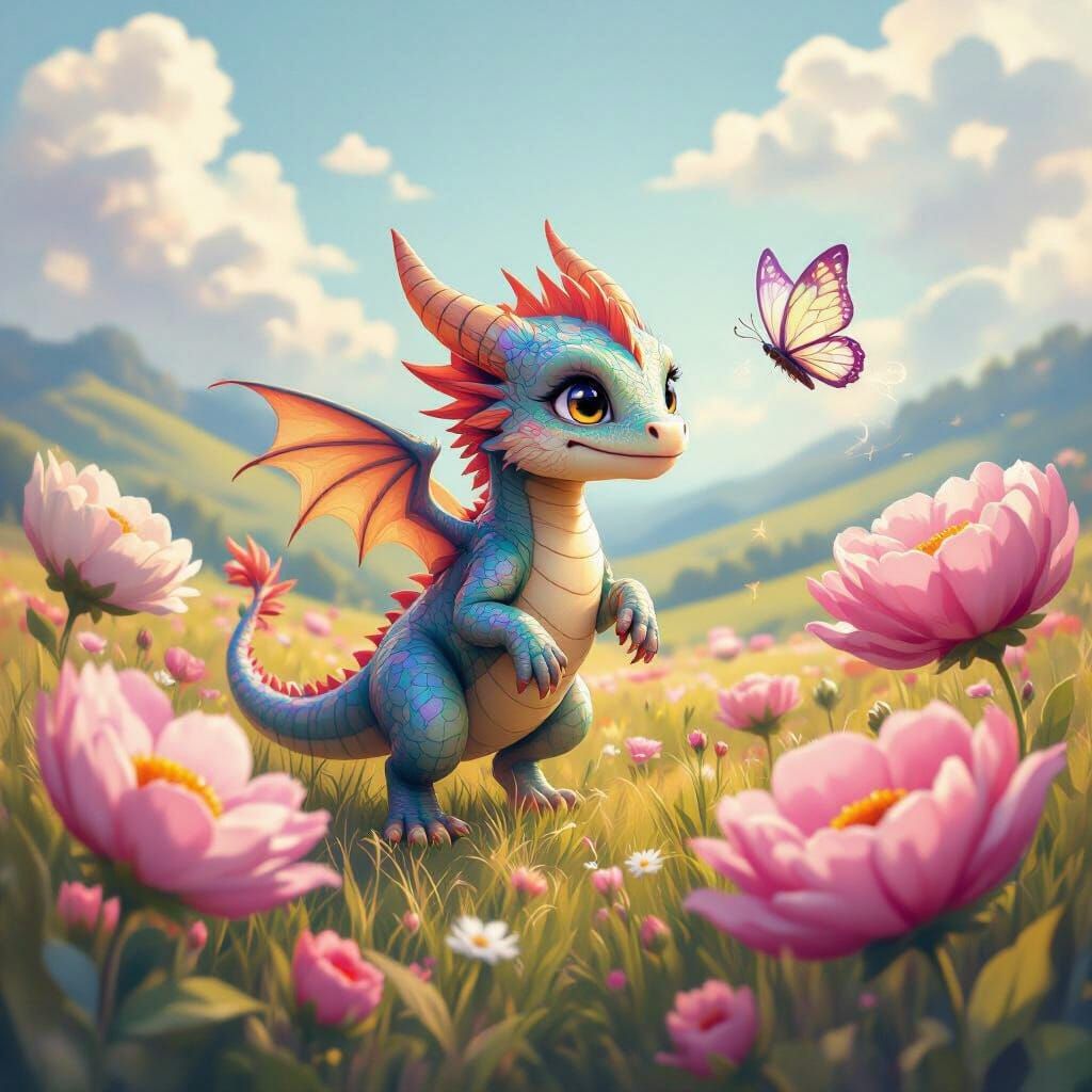 A playful baby dragon, no bigger than a kitten, with iridescent scales, chasing a shimmering butterfly through a field of oversized, fantast...