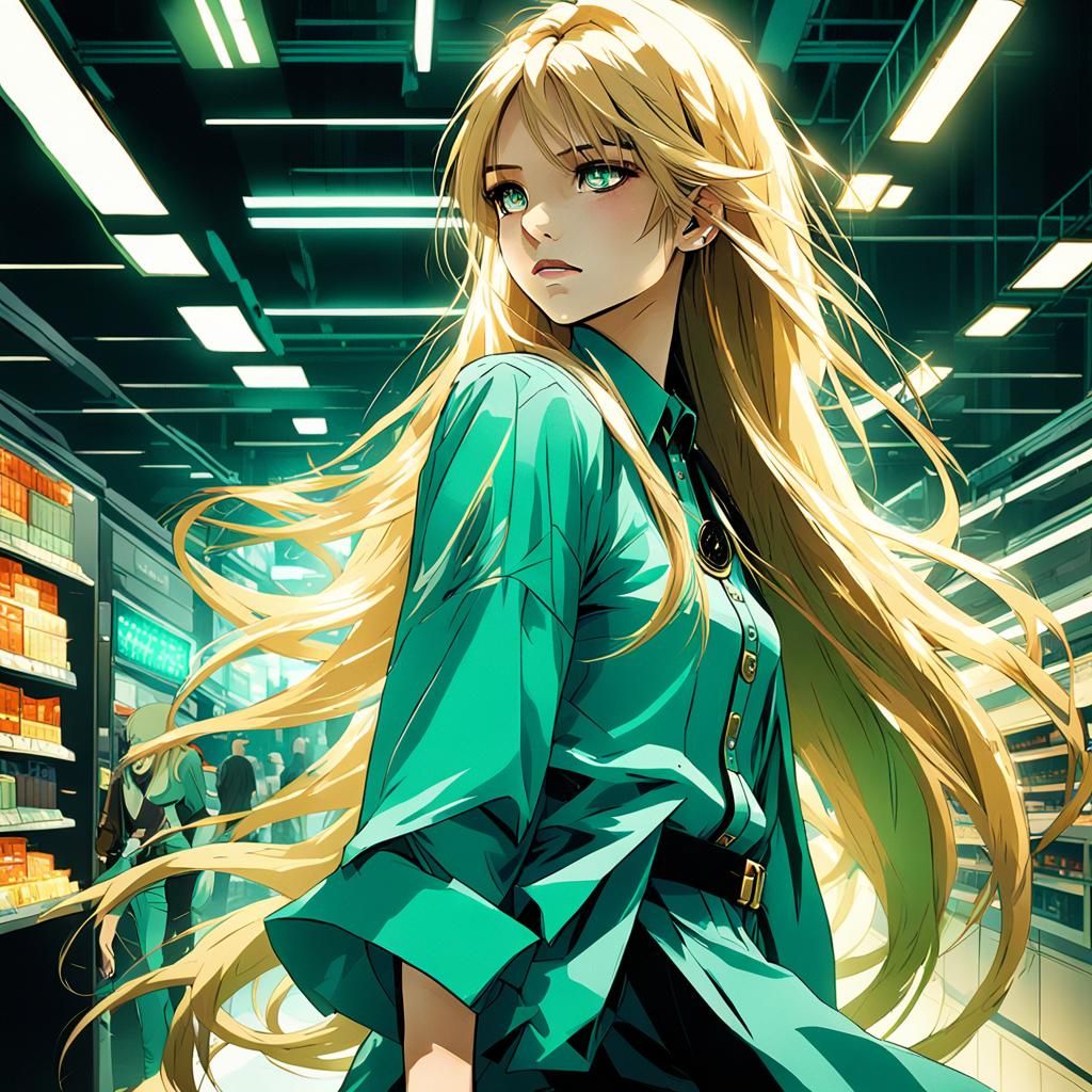 a beautiful woman with long blonde hair wearing an aquamarin...