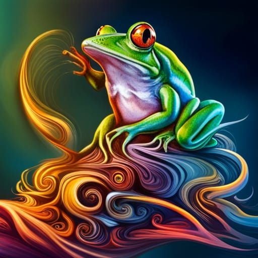 colourful frog on a drug trip, drug addicted frog, big pupil, frog ...