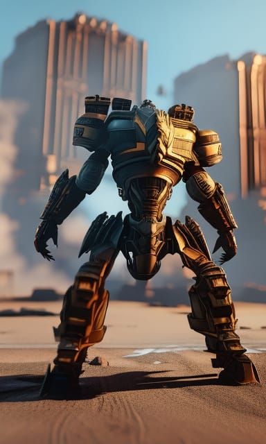 mecha crashing through a city street