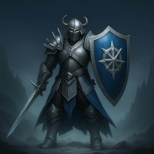 A good orc warrior with dark black skin huge fangs and a tall silver elven helmet,dressed in white with silver elven armor,holding a large g...