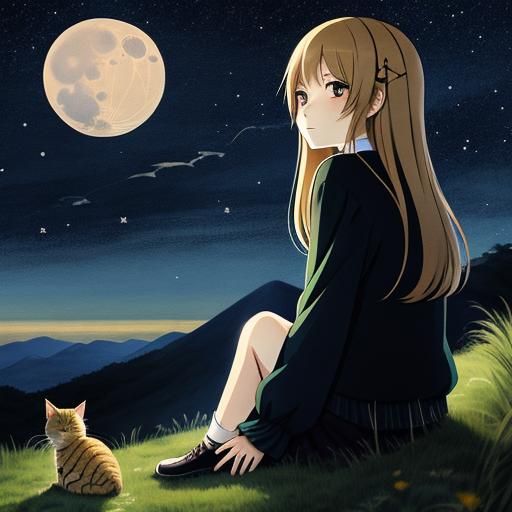 Kawaii sad anime girl sitting on hill with her tabby cat loo...