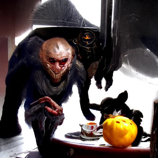 Monkey And Alien Drink Tea And Share Orange