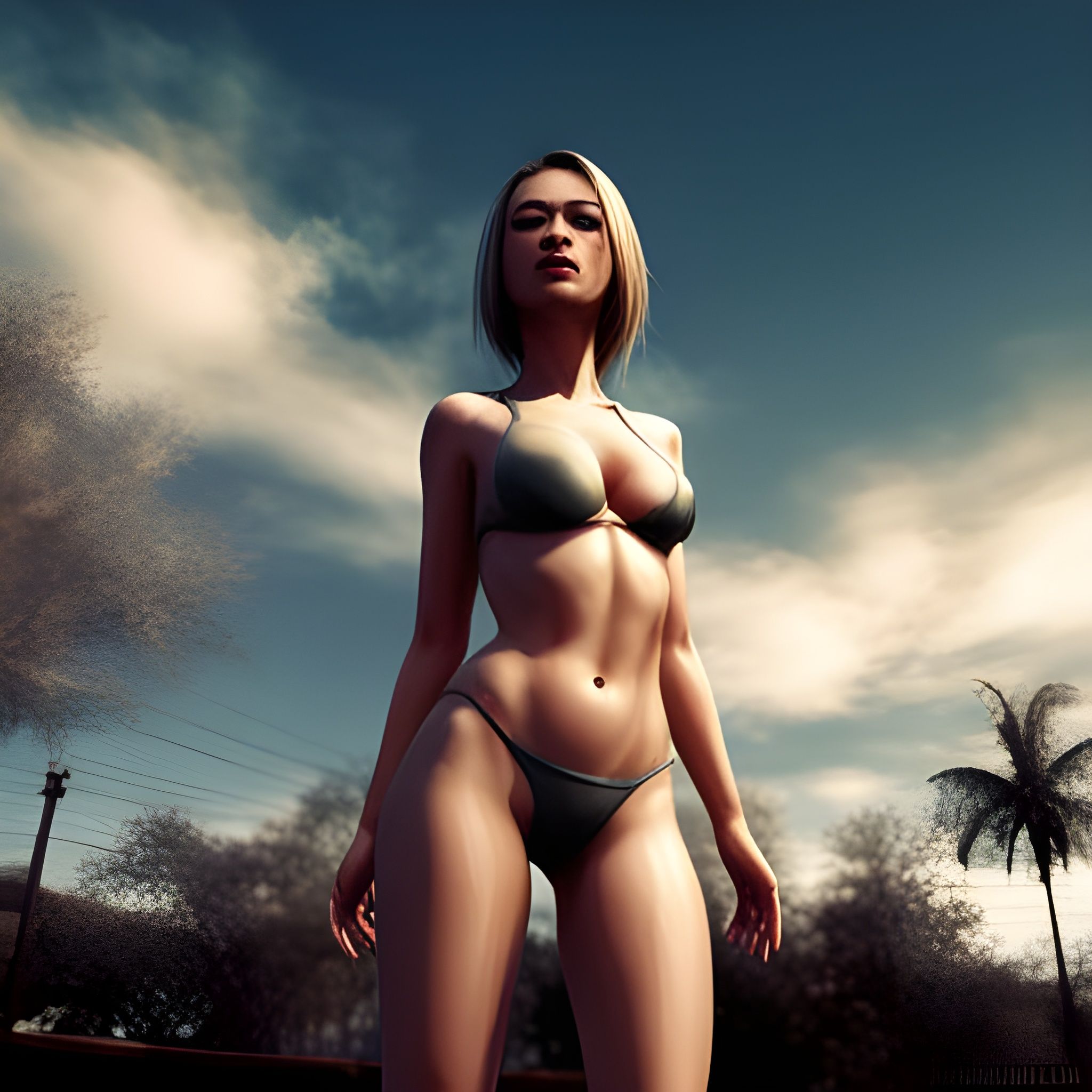 ultra realistic, pretty face, beautiful face, Slim waist, wide hips blonde  Asian girl with bikini belly button front view, shiny picture,on - AI  Generated Artwork - NightCafe Creator