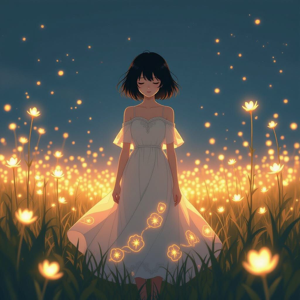 Melancholic Anime Girl in Glowing Field, Art Nouveau