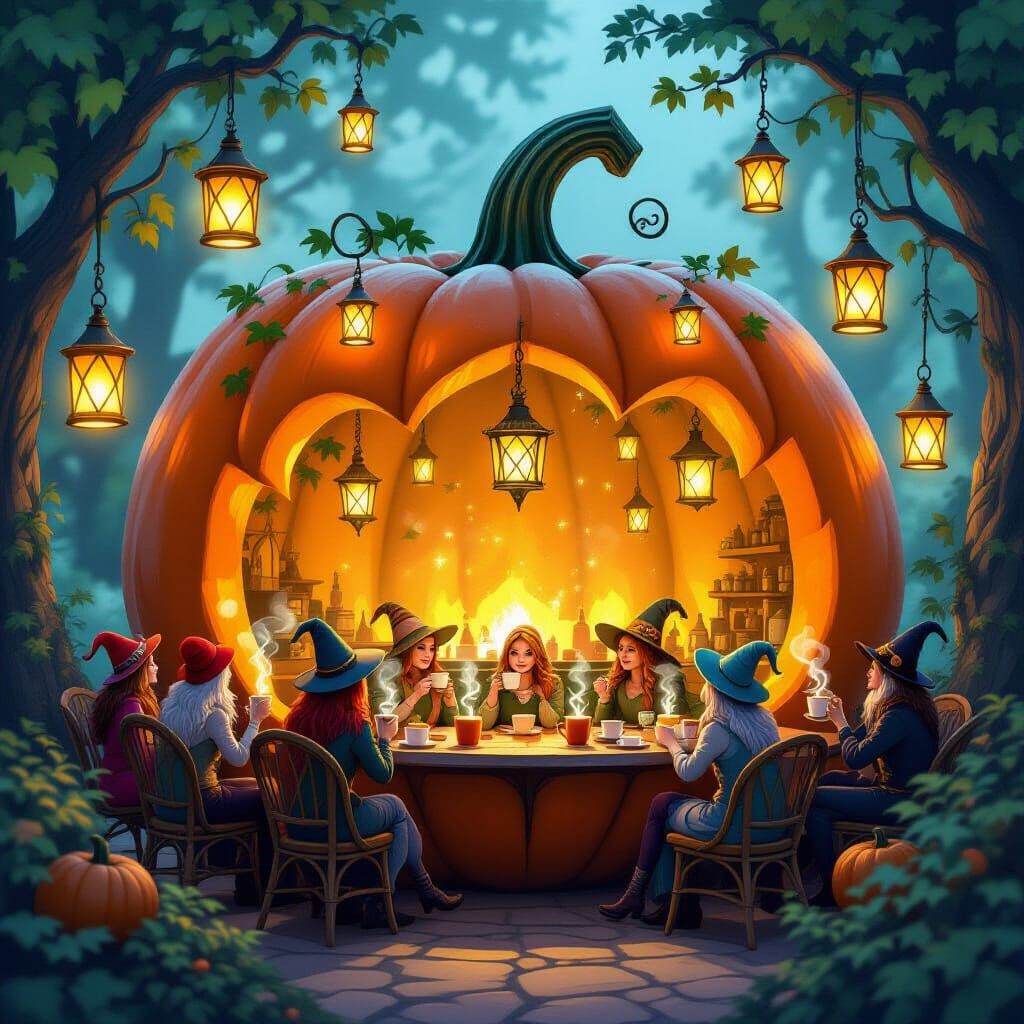 An enchanted café nestled within a giant, hollowed-out pumpkin, with glowing lanterns hanging from vine-like ...  by @Chaim