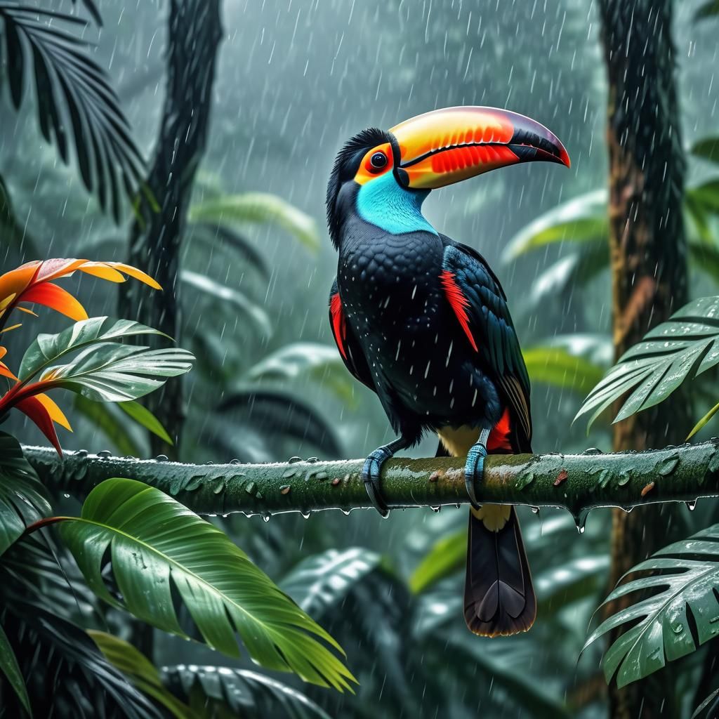 Vibrant Toucan in Hyperrealistic Rainforest Wildlife