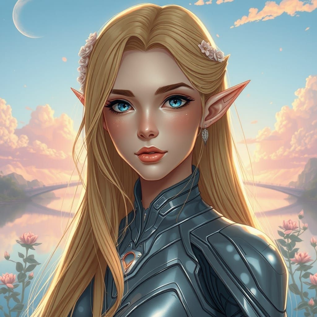 Ethereal Sci-Fi Elven Woman in Manga-Inspired Futuristic Lan...