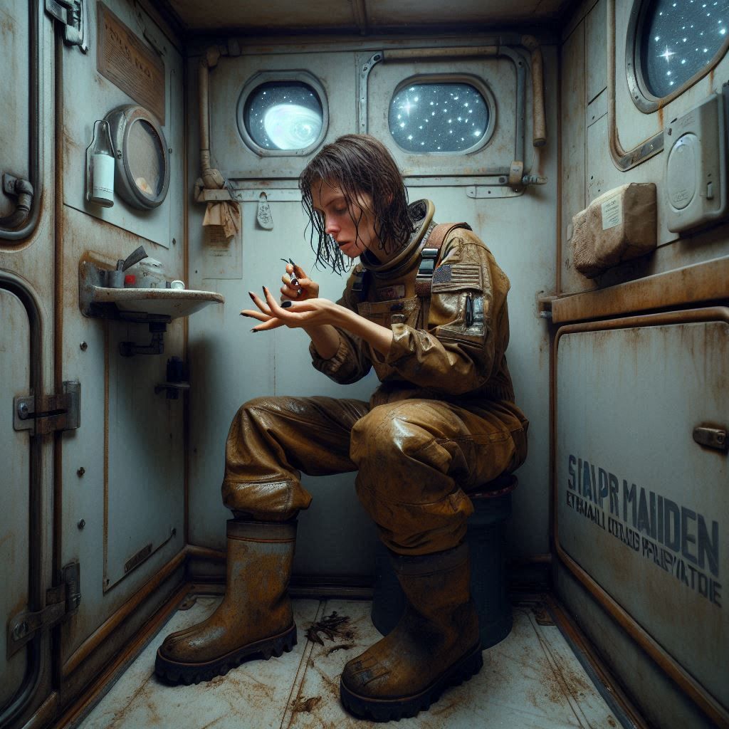 In the restroom of an old spacefreighter, a tired female wor...