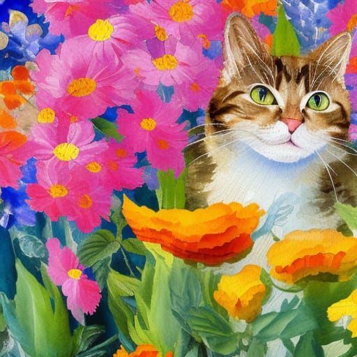 cat surrounded by flowers