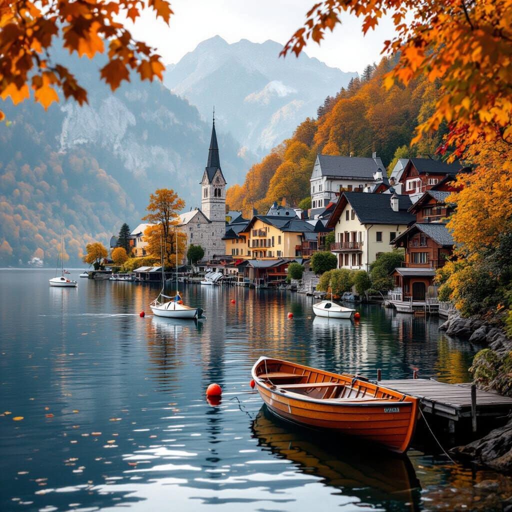 Cozy autumn village on an autumn woods island in a tranquil Alpine lake, sailboats