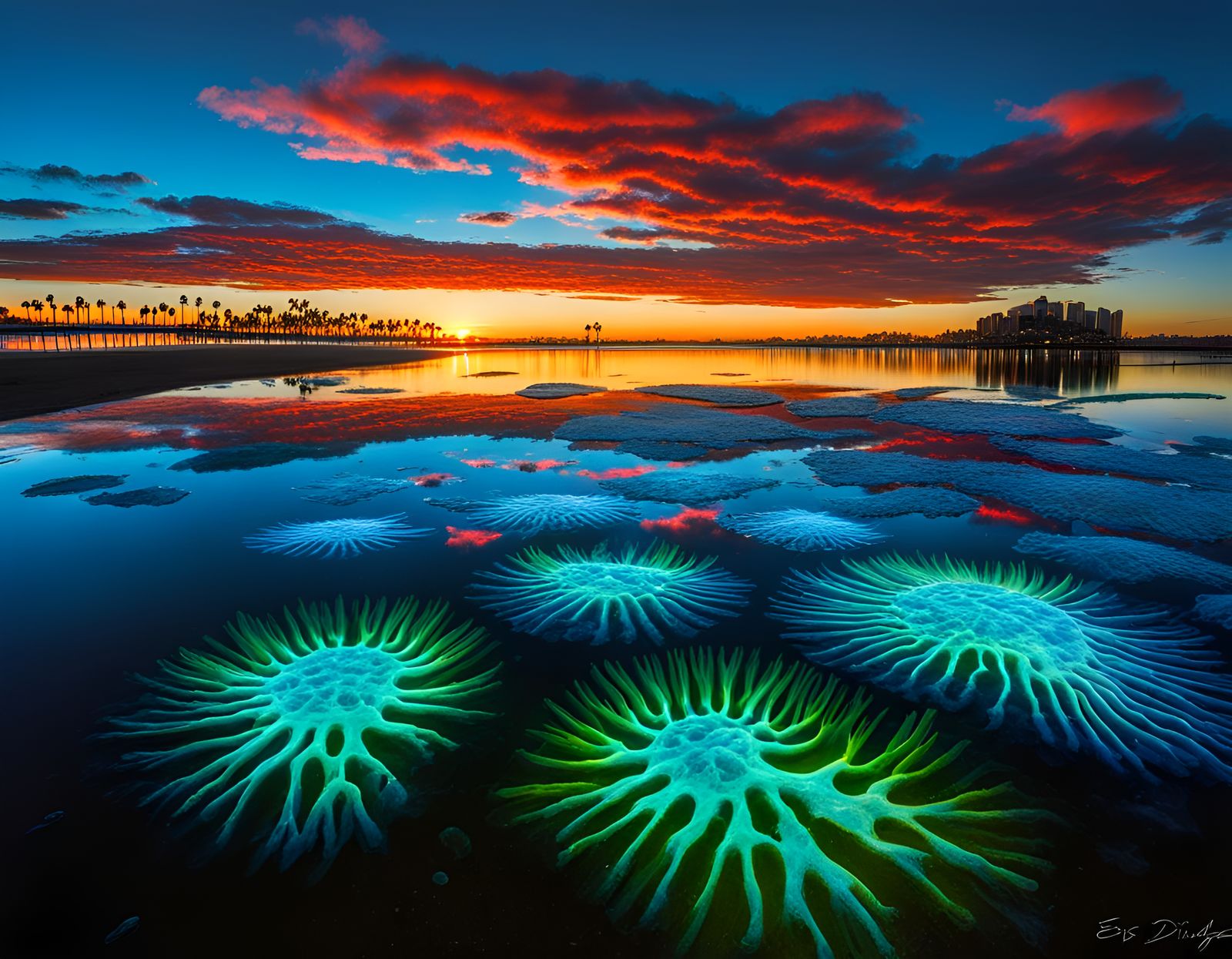 "Mission Bay, San Diego": real beach, to see beautiful bioluminescent dinoflagellates. (my art, not photo). ...  by @Masterplayer