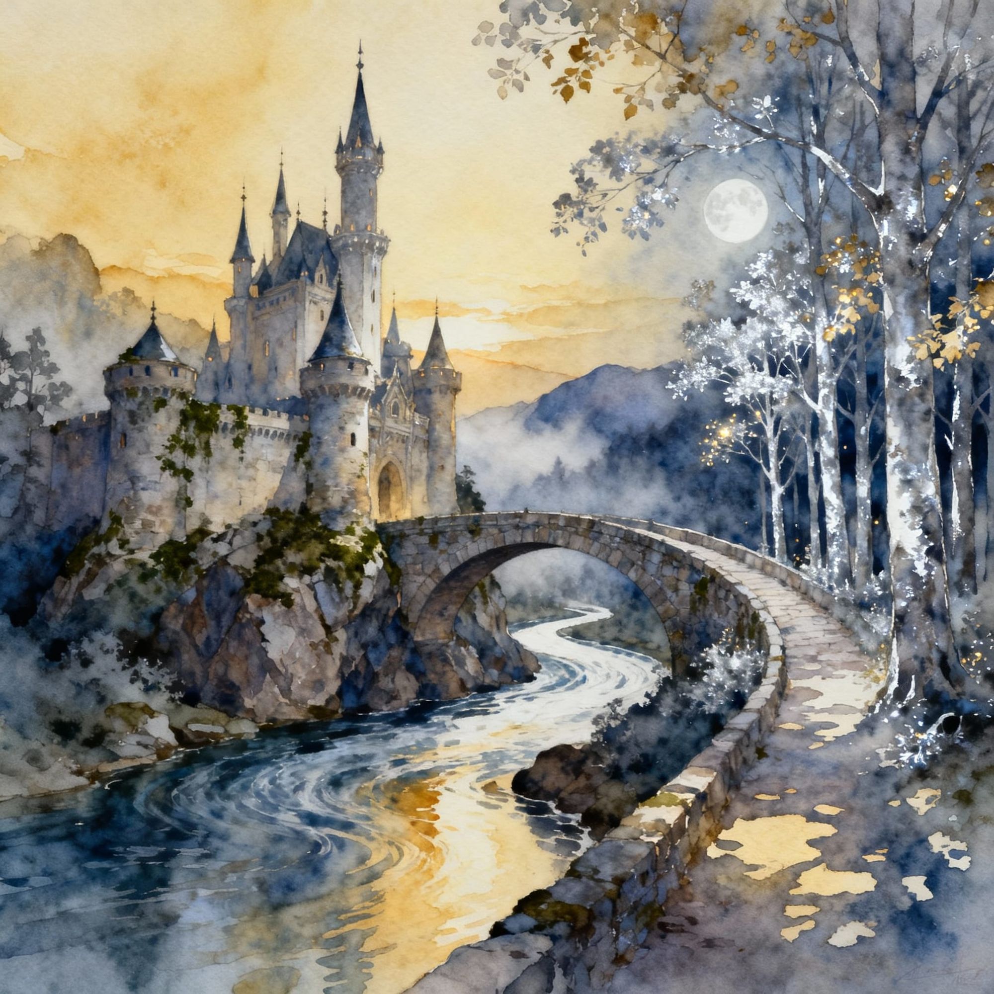 This image shows a detailed fantasy landscape painting of a castle at sunrise. It features a river, bridge, and moonlit forest with silvery ...