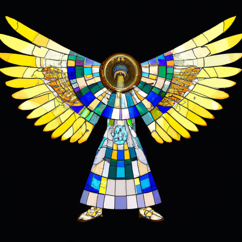 Biblical Seraphim, many eyes and wings. Stained glass.