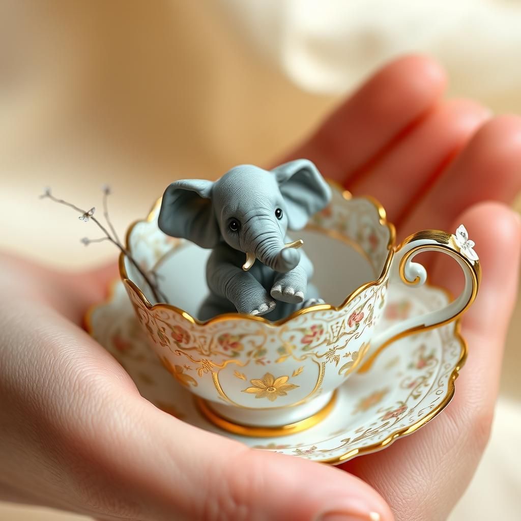 a small baby elephant inside a Victorian teacup intricately ...