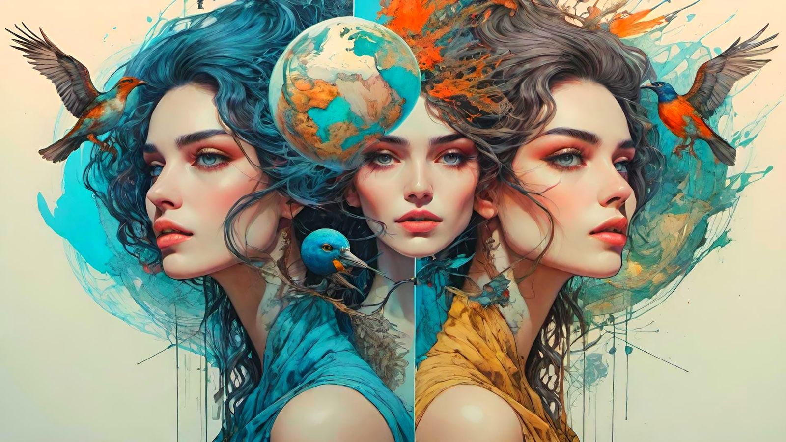 split screen, a beautiful woman looking at her self in the m...