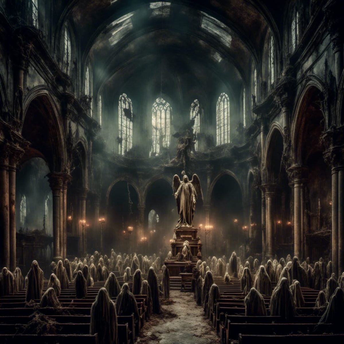 An empty church hall, zombies gathered around Angel statue, sinister ...