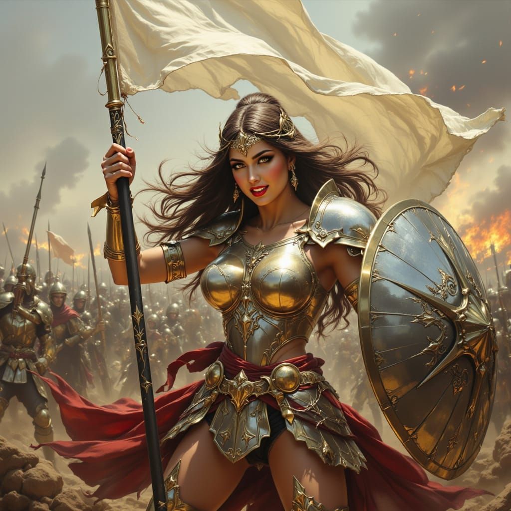 Knight of Peace on Battlefield in Golden Hour Oil Painting