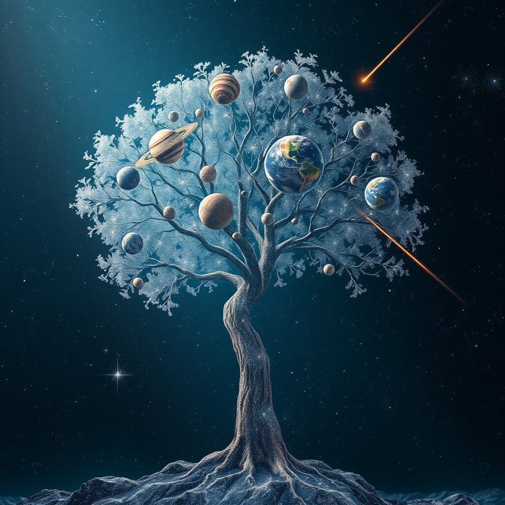 in the middle of outer space, a transparent tree made of star dust, on the branches of the tree, instead of fruit, planets hang, galaxies re...