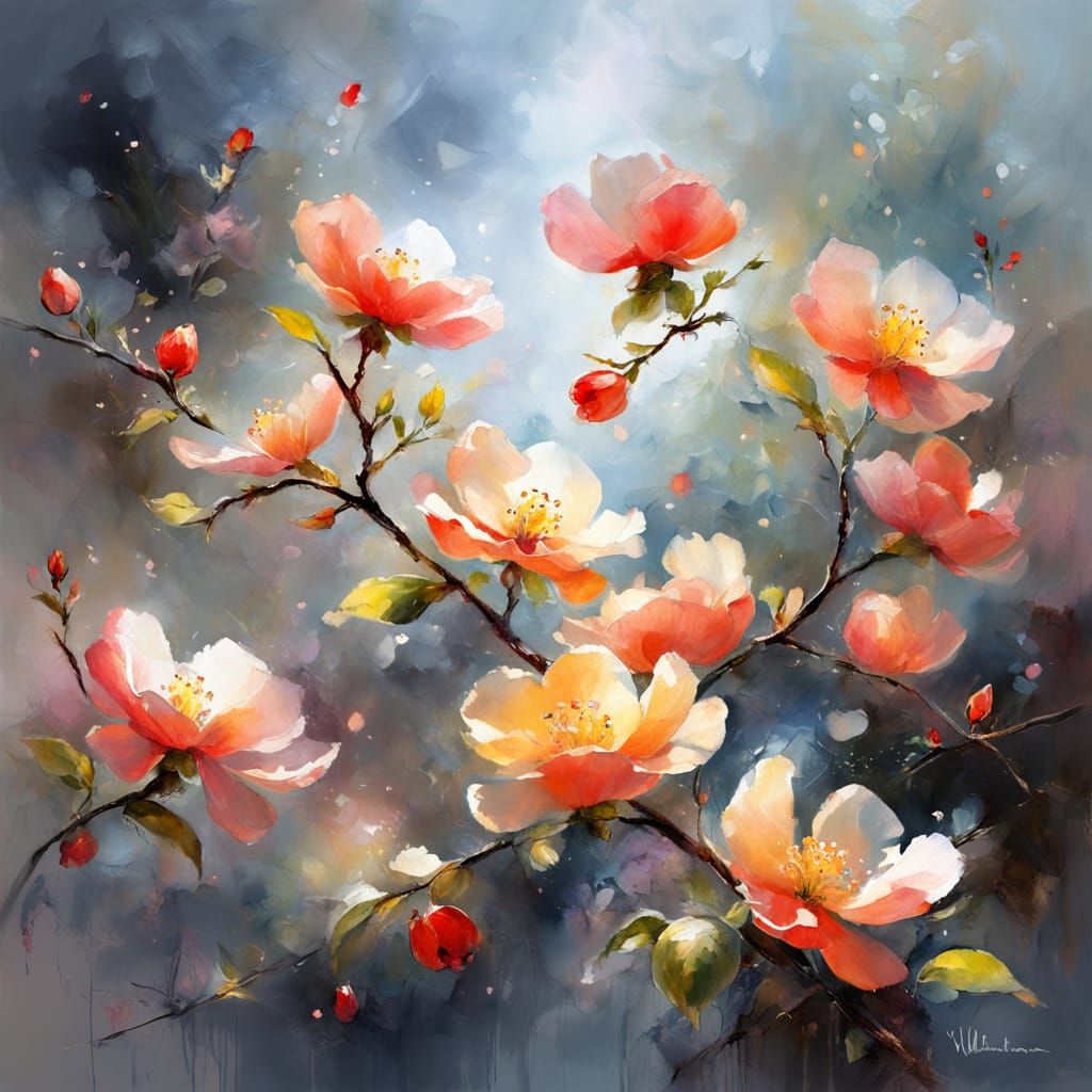 "A magical Chaenomeles with floating petals and glowing <<NO Human>>, enchanted blossoms. Willem Haenraets, Jean Haines ...