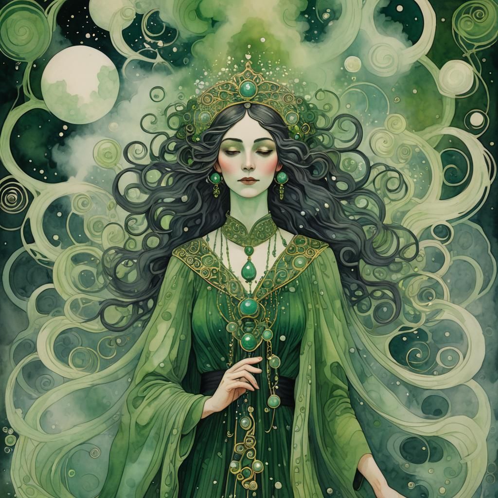 art nouveau, priestess surrounded by swirling green smoke and bubbles ...