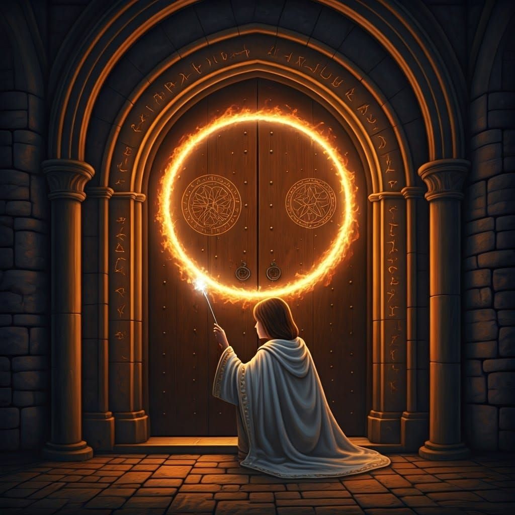 A young Paige crouching before a magical door,  waving  a wand at the door, a ring of fire around door, fantastical, midevil, 