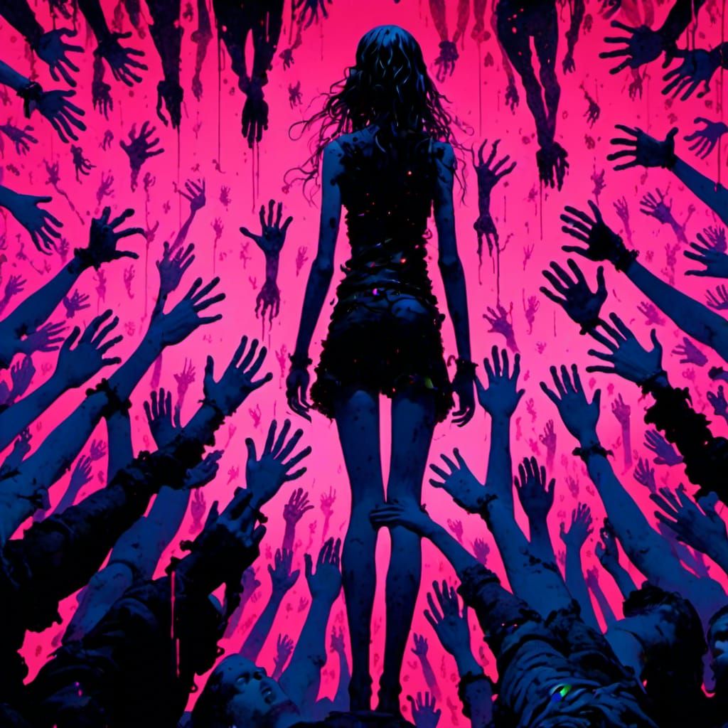 <lora:cMark:1.0> very pink luminous matte anime minimalism, hands, crowd many silhouettes, repetitive symmetry, vibrant expressive dynamic...