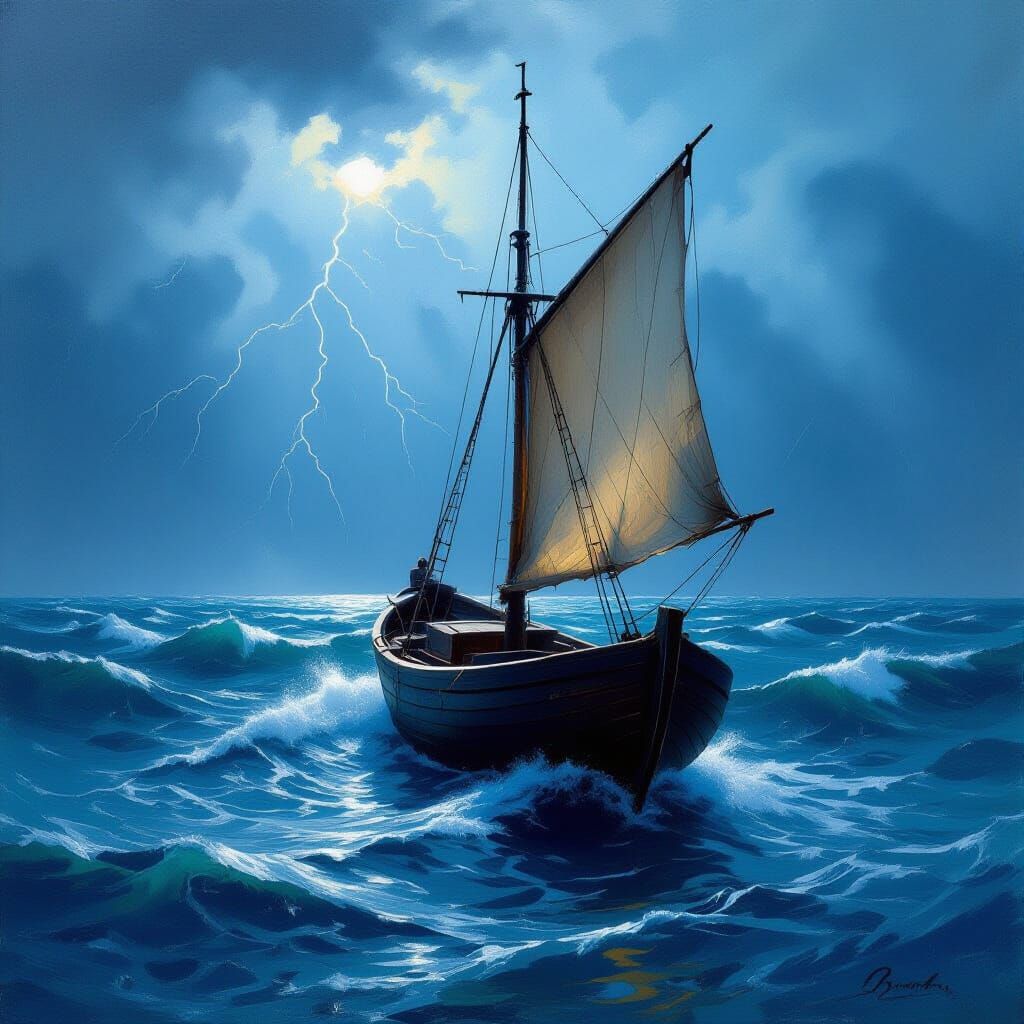 Lone Fishing Boat on Stormy Ocean Under Lightning Sky