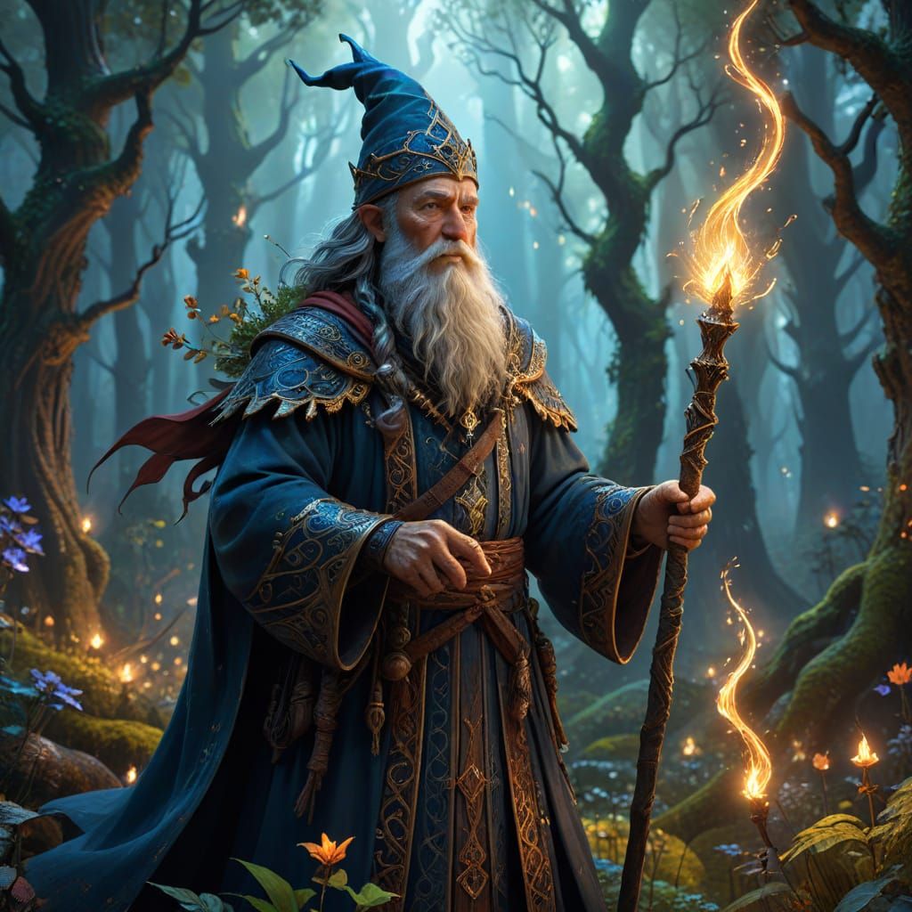 Wizard Casting Spell in Glowing Forest