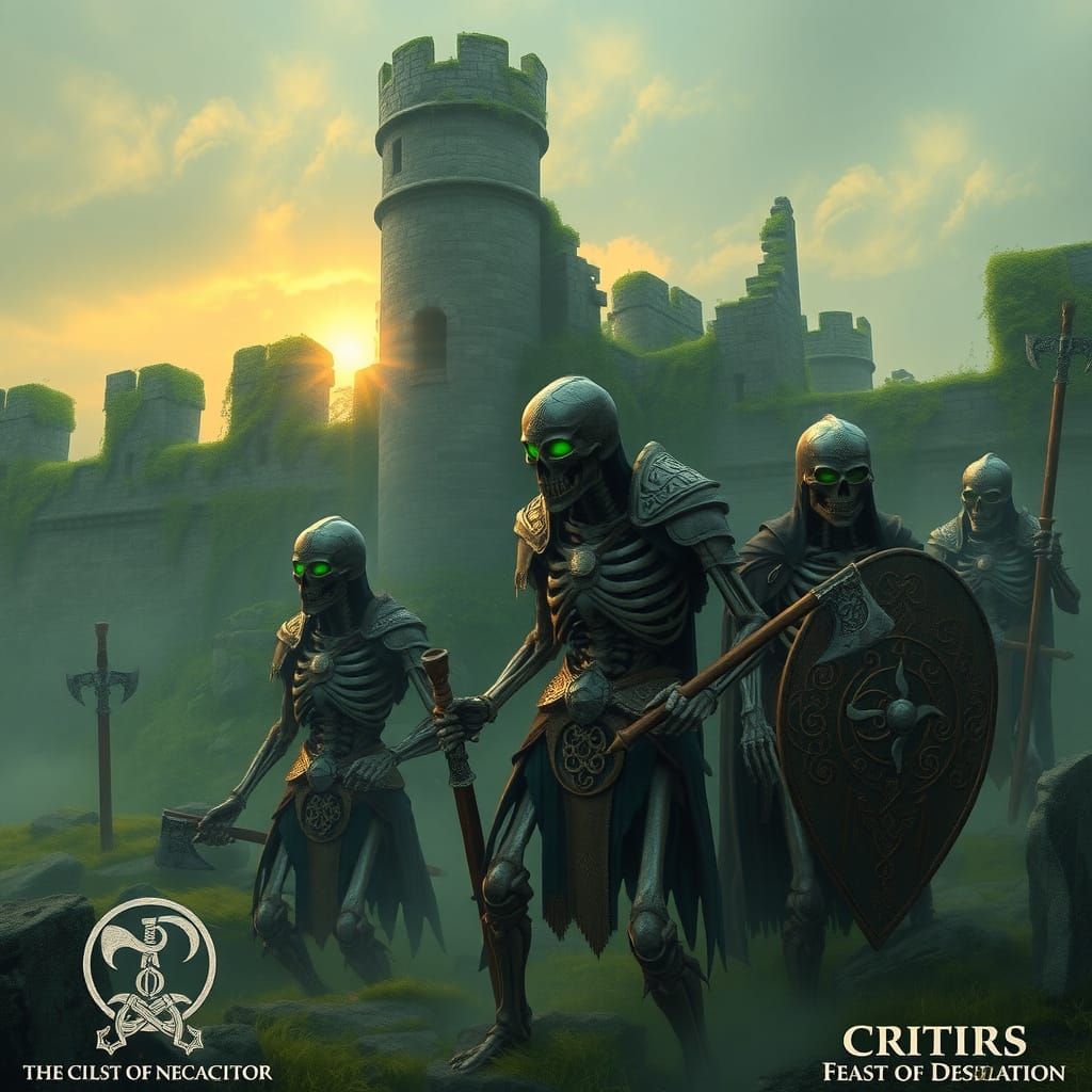 Eerie, angry, violent,  ancient keltic soilders Irish skeletons, with weapons, battle axes, bow and arrows, swords and knifes, still wearing...