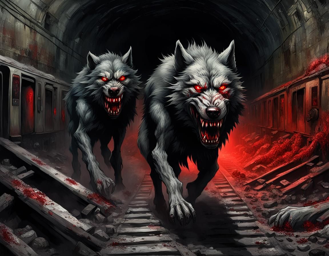 a group of big dark gray shaggy mutant wolves with bloody bared teeth ...