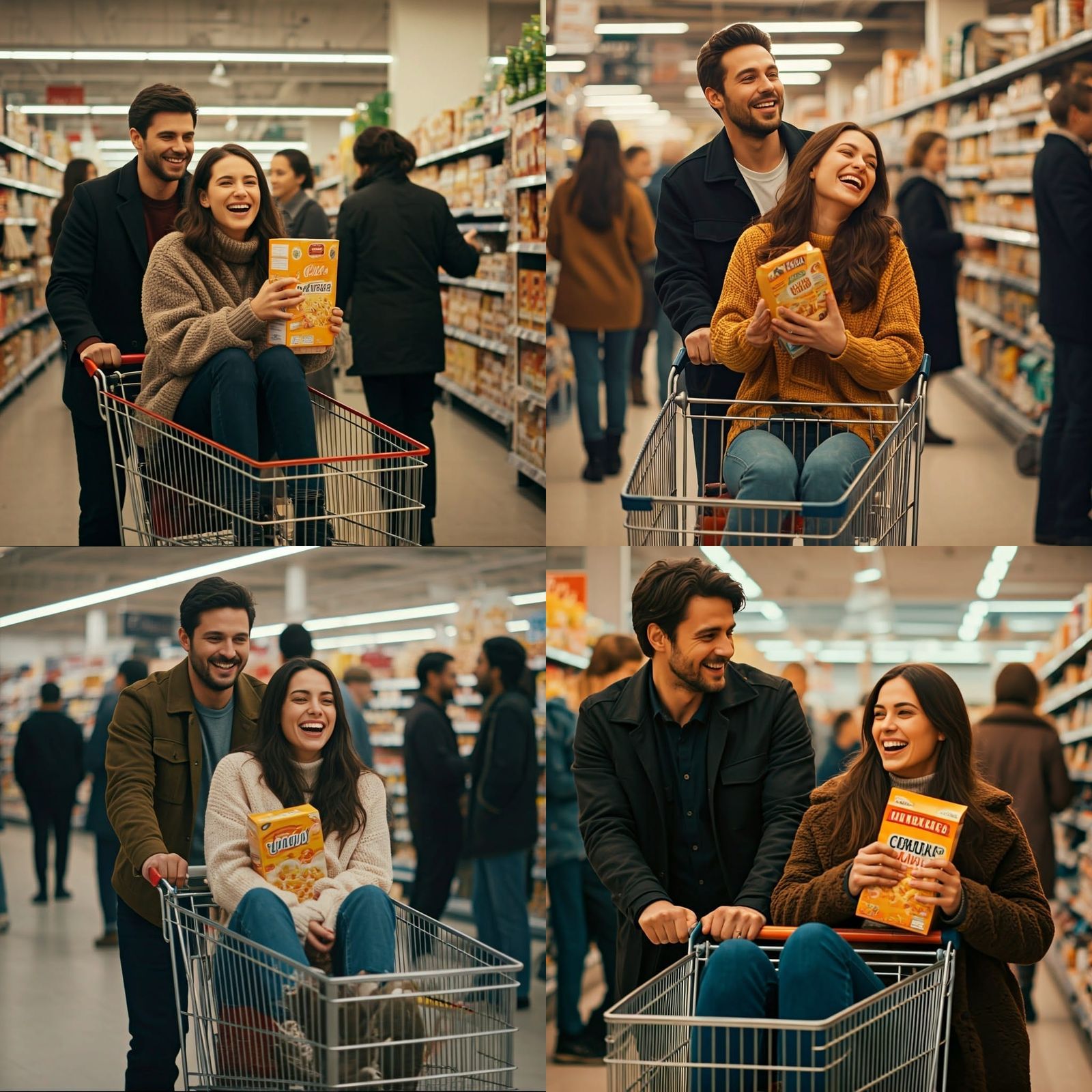 Couple Laughing in Supermarket Cart, 3D Render