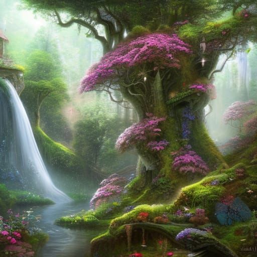 Little fairy town in the woods after the rain with flowers blooming and