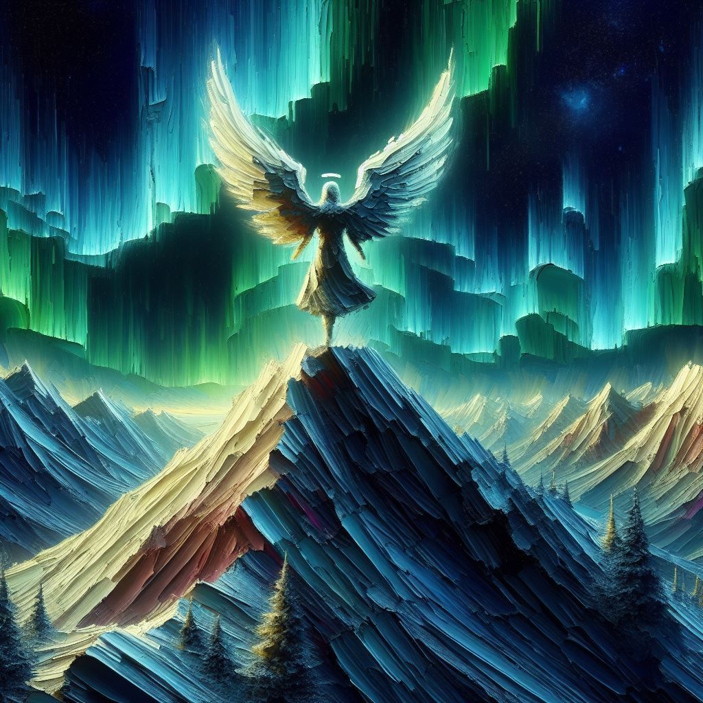 Angel at the top of a mountain during northern lights