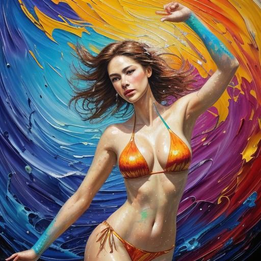 Dynamic Blacklight Bikini Dance in Expressionist Style