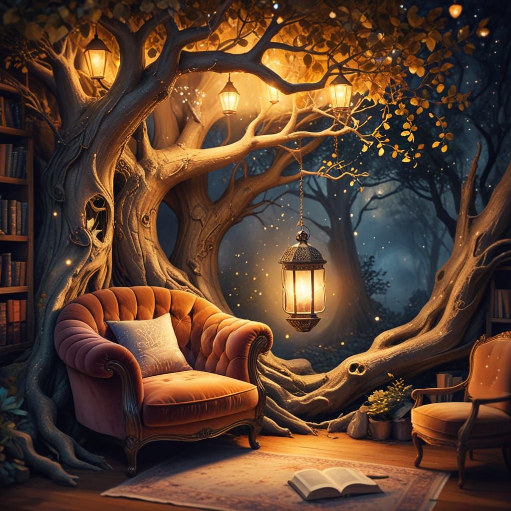 A hidden reading nook tucked inside a massive hollowed tree, walls lined with twisting roots turned into ...  by @Doc Baroque
