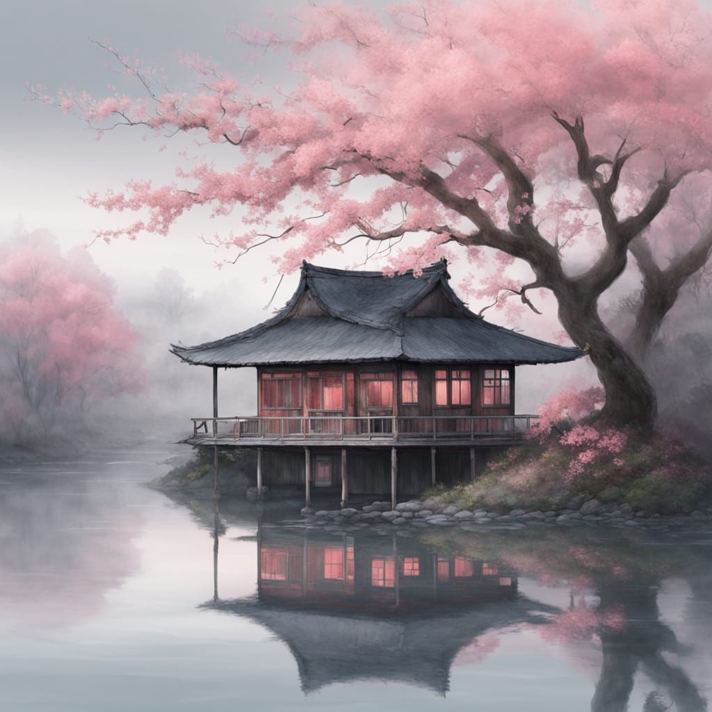 Cherry Blossom House Reflected in Lake, Watercolor
