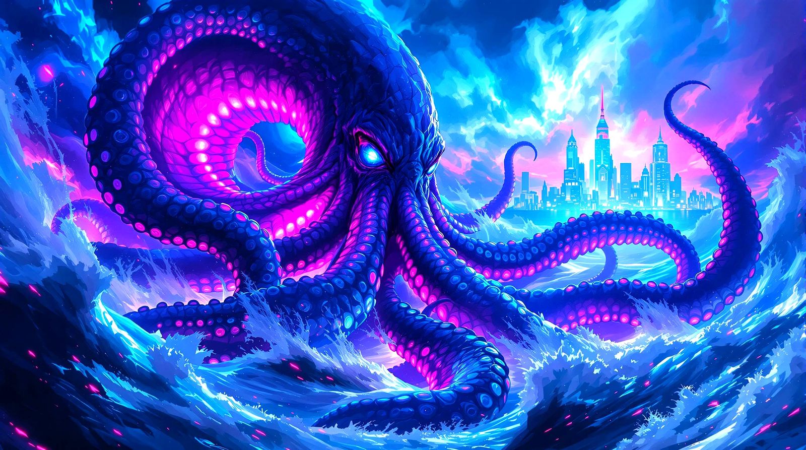 A colossal, neon-drenched kraken   by @Solfreedom