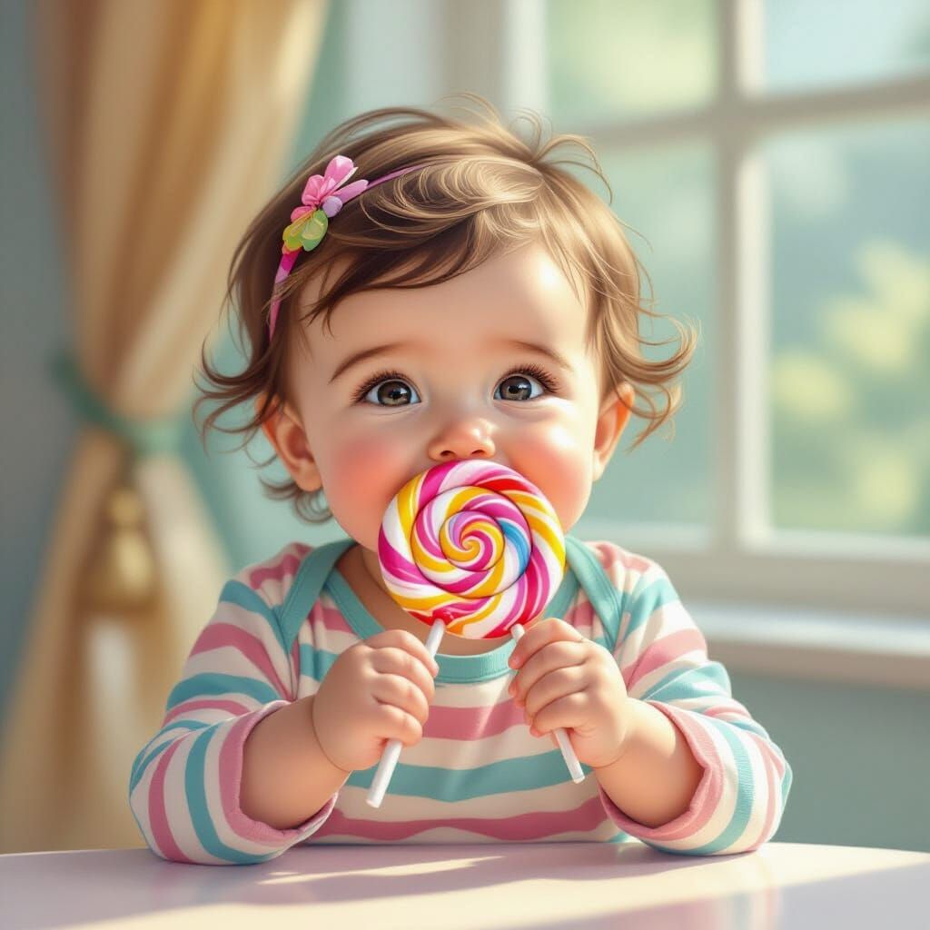 Baby in Striped Shirt Eats Giant Lollipop