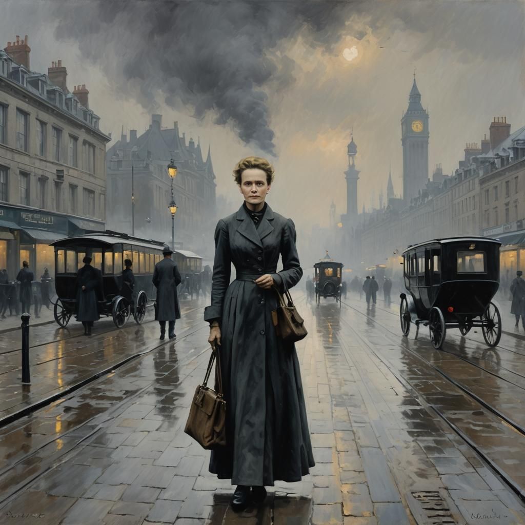 Marie Curie is in the center. Portrait. Monet painting style...