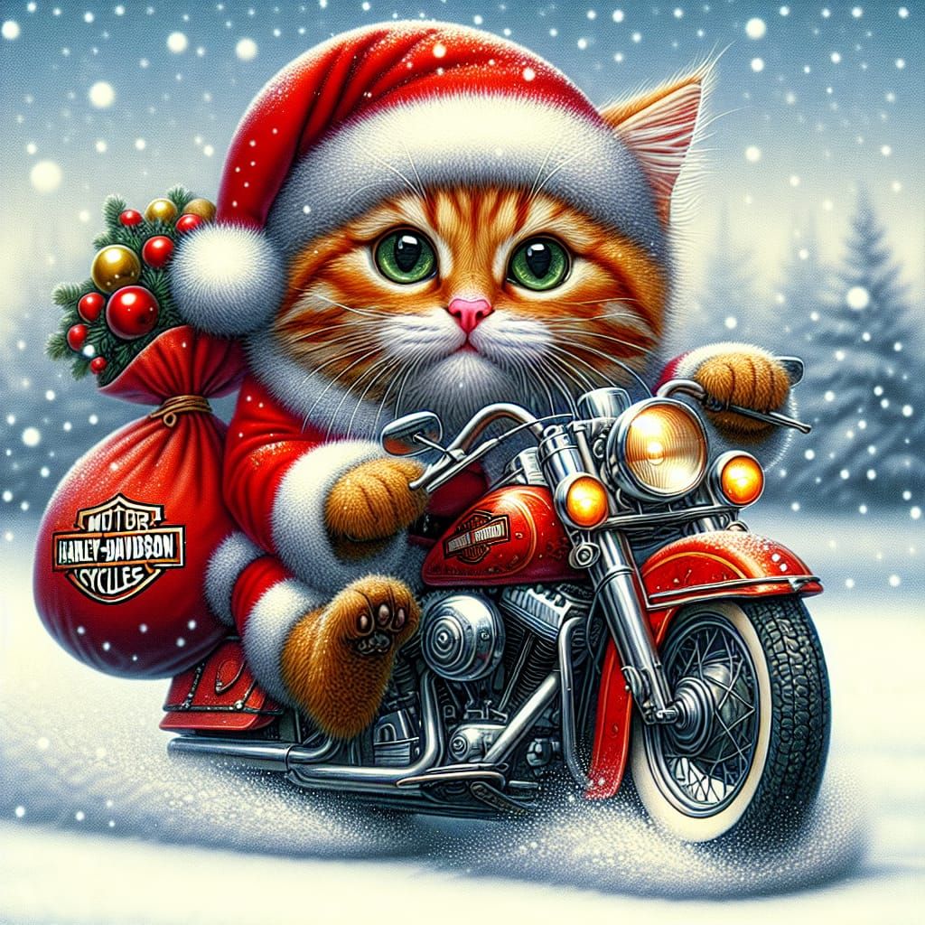 Adorable Red Tabby Cat in Santa Claus Outfit Rides Harley-Da...