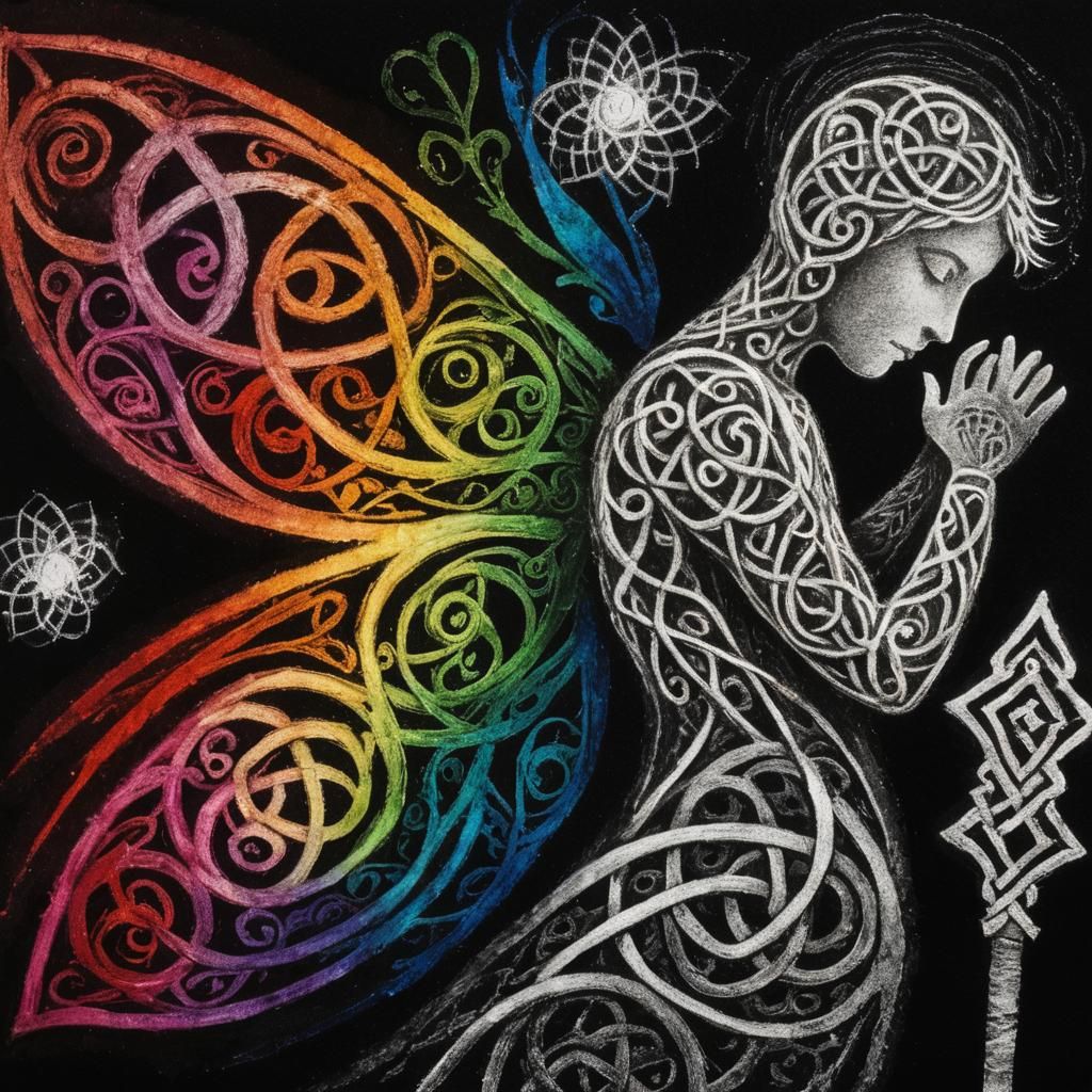 <lora:Knotwork Sketches:1.0>  Crayon drawings ,surreal  friendly celtic knotwork  raven bird silhouette  , child's drawing , rayograph Man R...