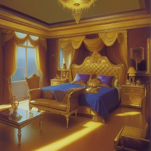 A bedroom with a flashy golden disco ball