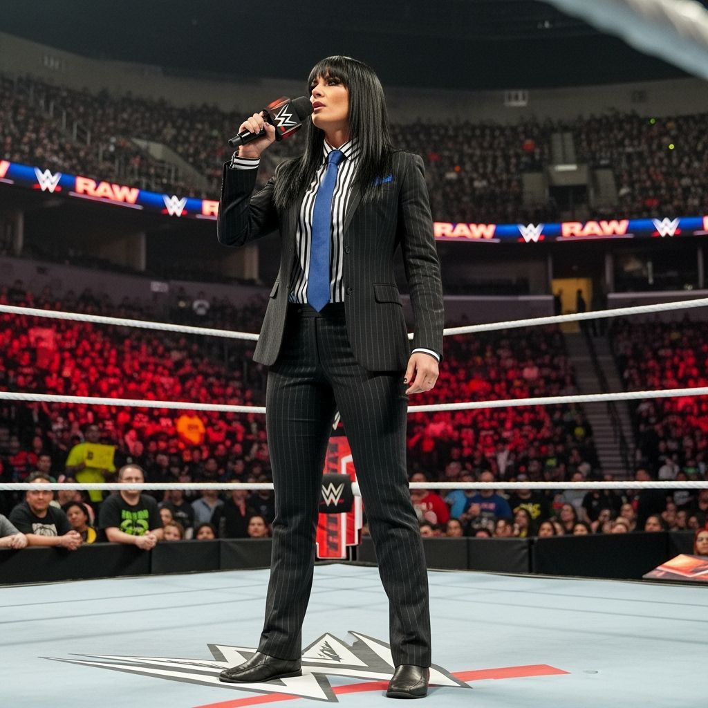 Former WWE superstar Aksana wearing a sleek black suit paired with a crisp white shirt and a blue tie tied in a perfect ...